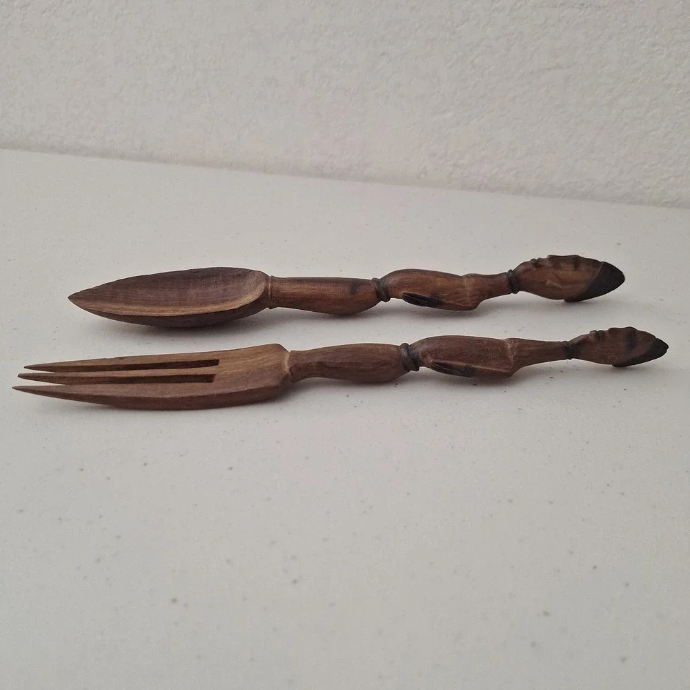 Vintage African Hand Carved Wooden Tribal Man and Woman Servers Utensils 10